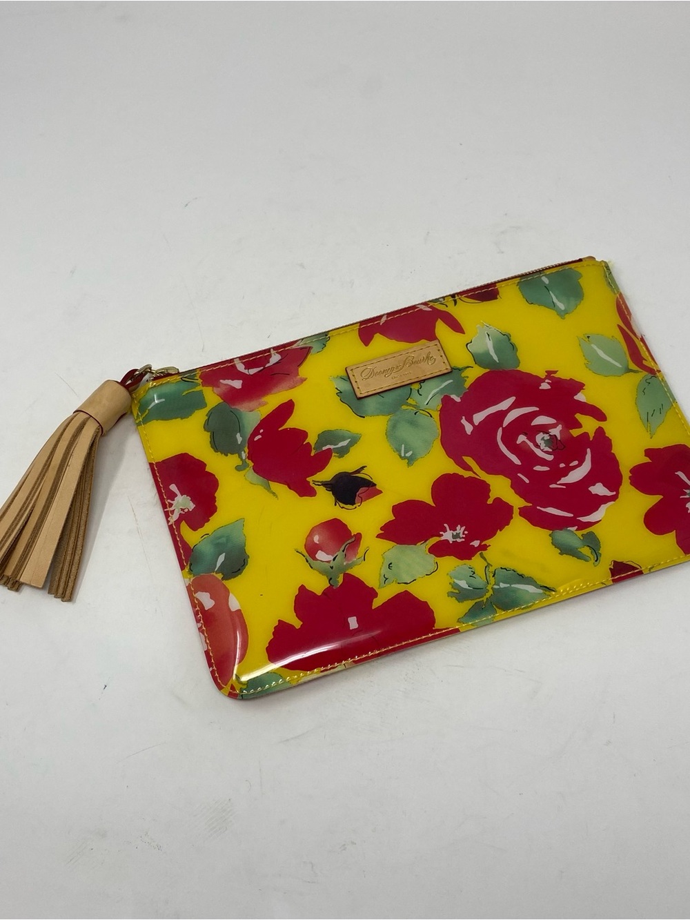 Dooney & Bourke Yellow Floral Carrington Zip Pouch with Tan Tassel